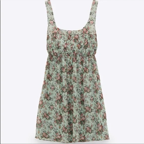 New Zara Floral Dress Green S - Picture 6 of 9